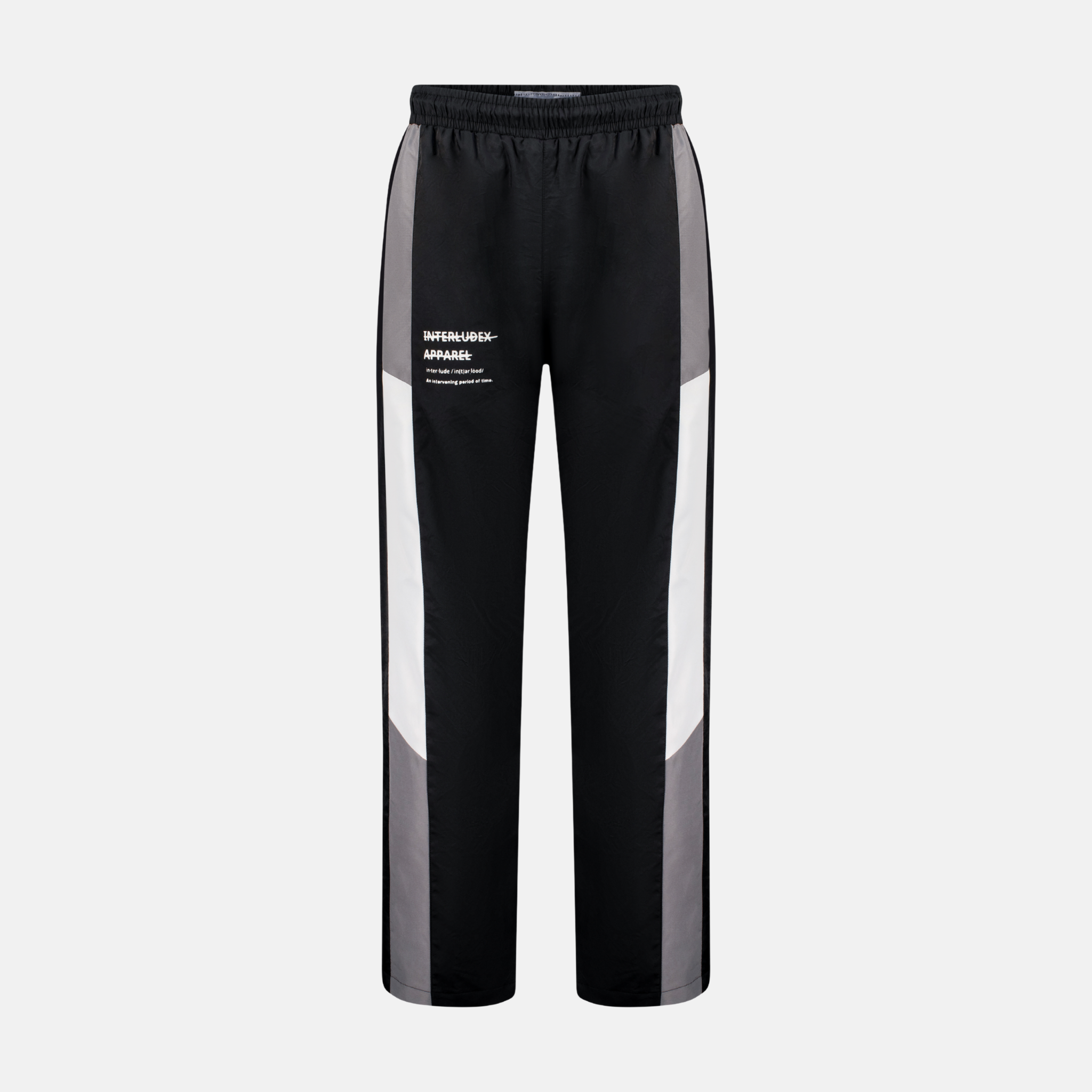 Windbreaker Pants in grey, black, and white with Interludex Apparel logo