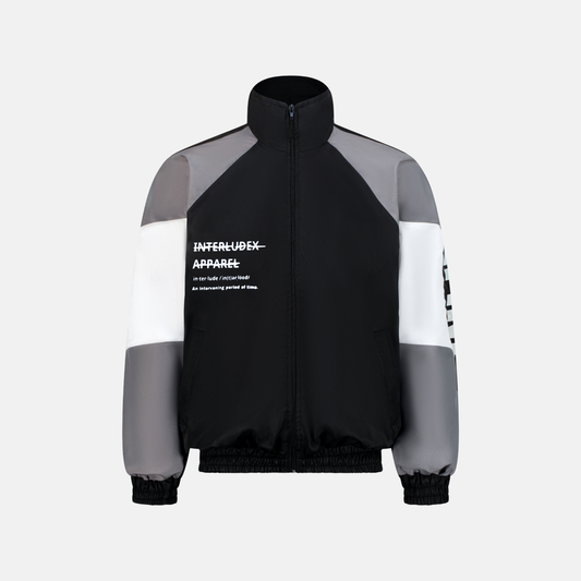 Windbreaker Jacket - Grey with black, grey, and white color blocks, and Interludex Apparel text