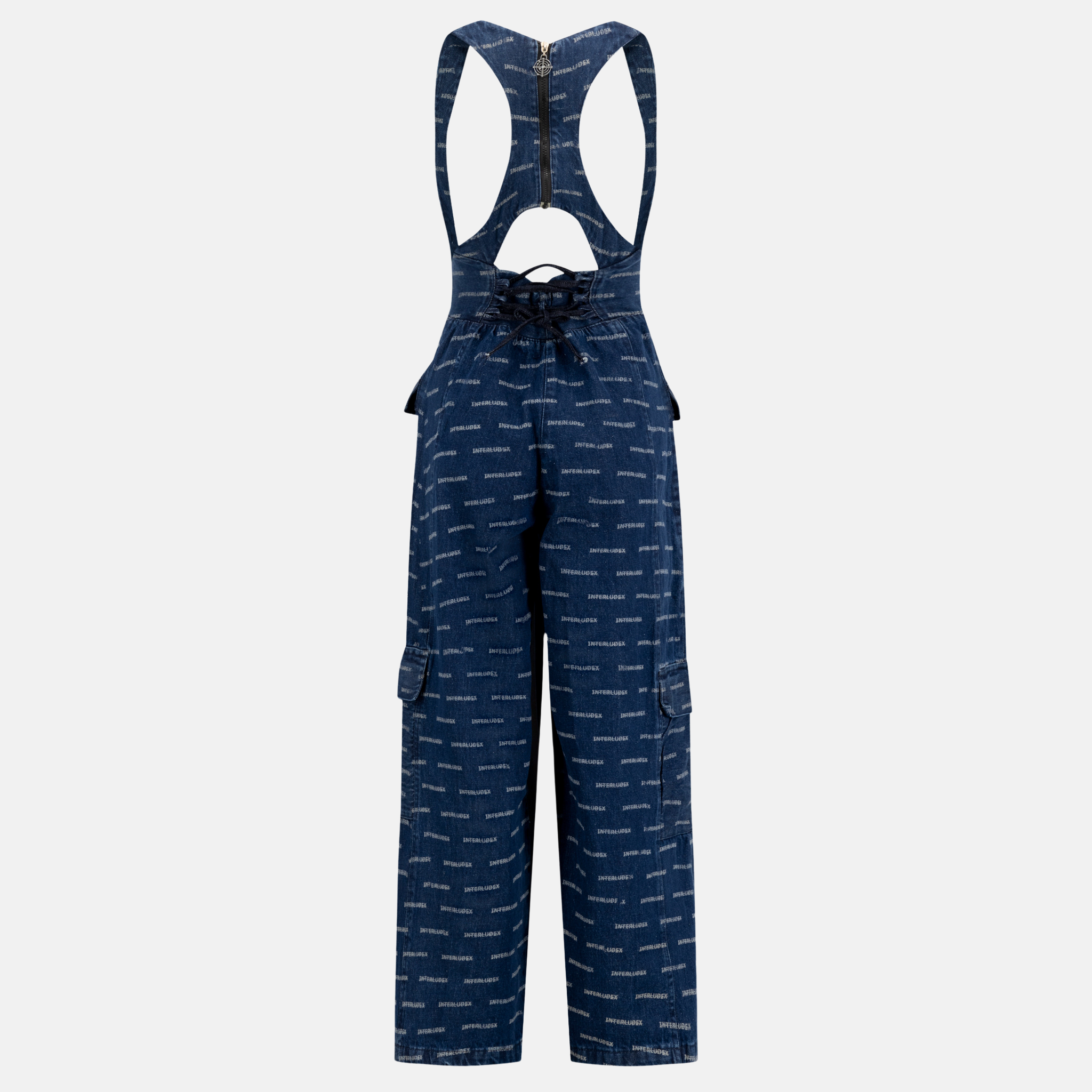 INTERLUDEX FREEFORM DENIM - BLUE, back view. Blue denim overalls with white INTERLUDEX logo pattern