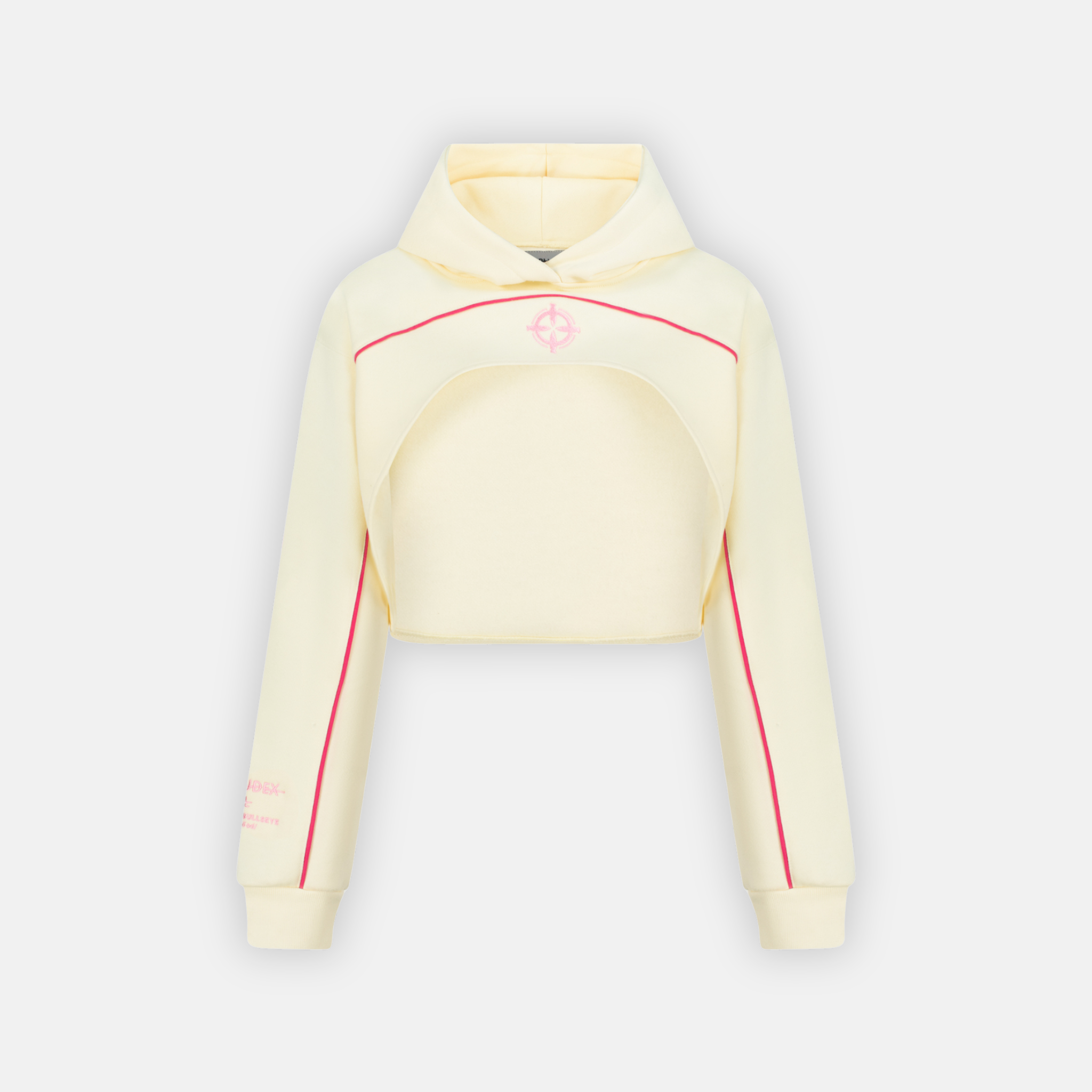 Bullseye Cropped Hoodie in cream with pink trim and bullseye logo