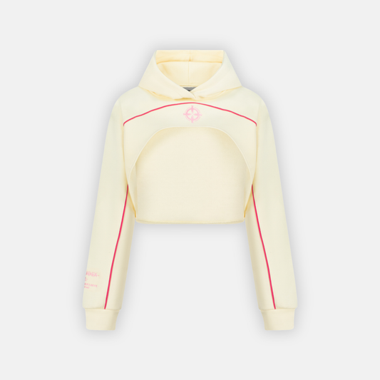 Bullseye Cropped Hoodie in cream with pink trim and bullseye logo