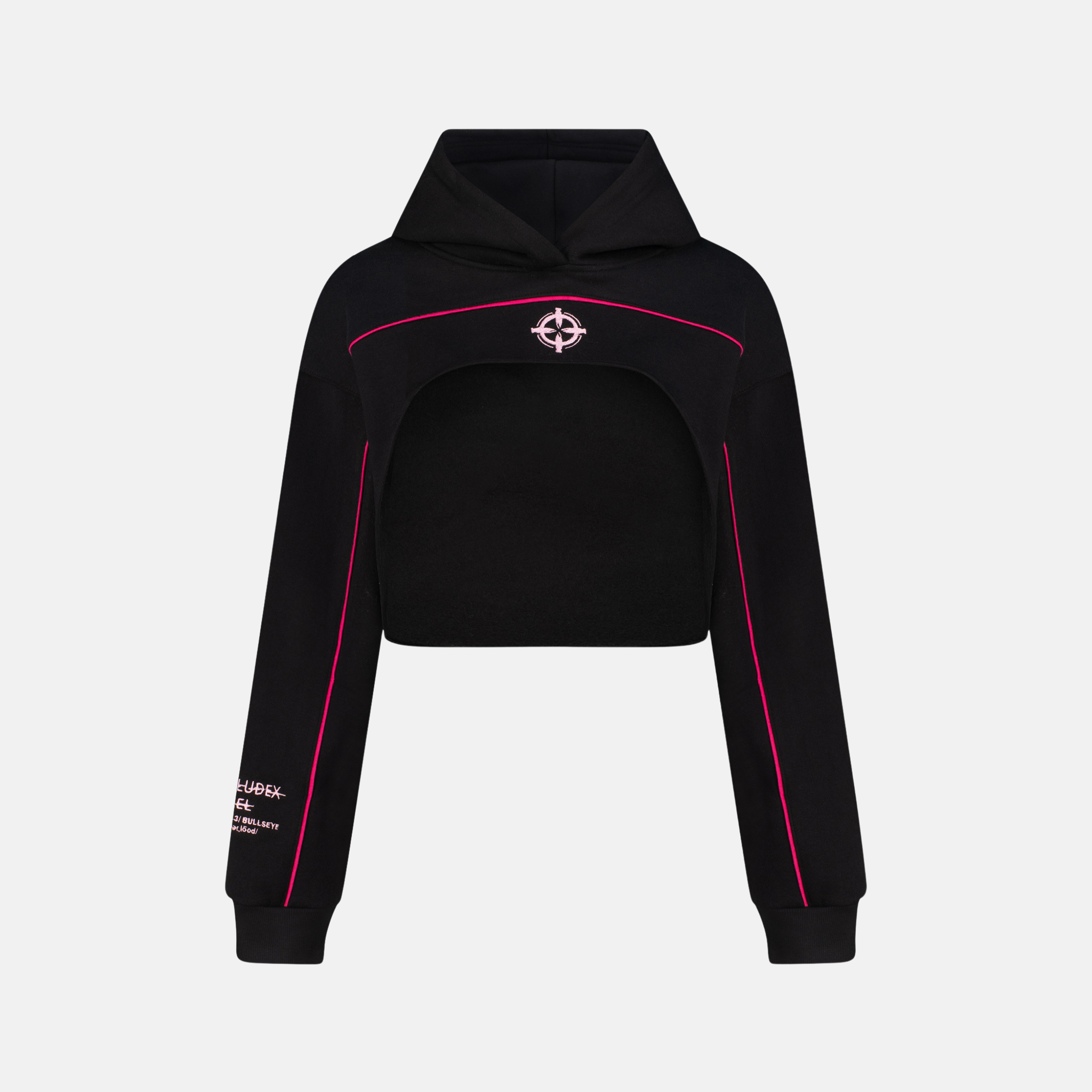 Bullseye Cropped Hoodie in black with pink trim and bullseye graphic