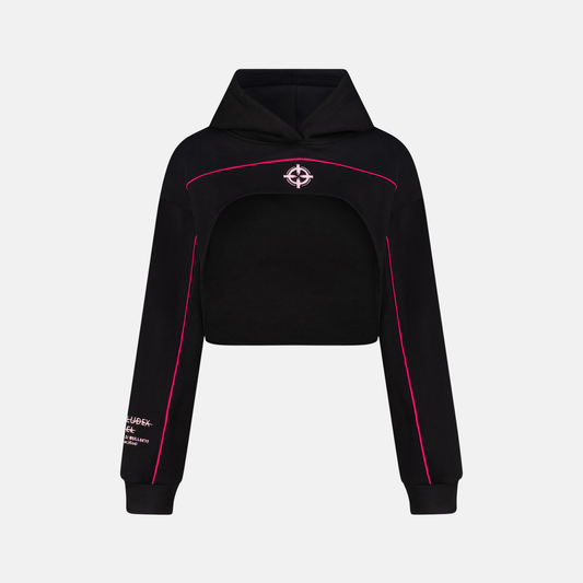 Bullseye Cropped Hoodie in black with pink trim and bullseye graphic