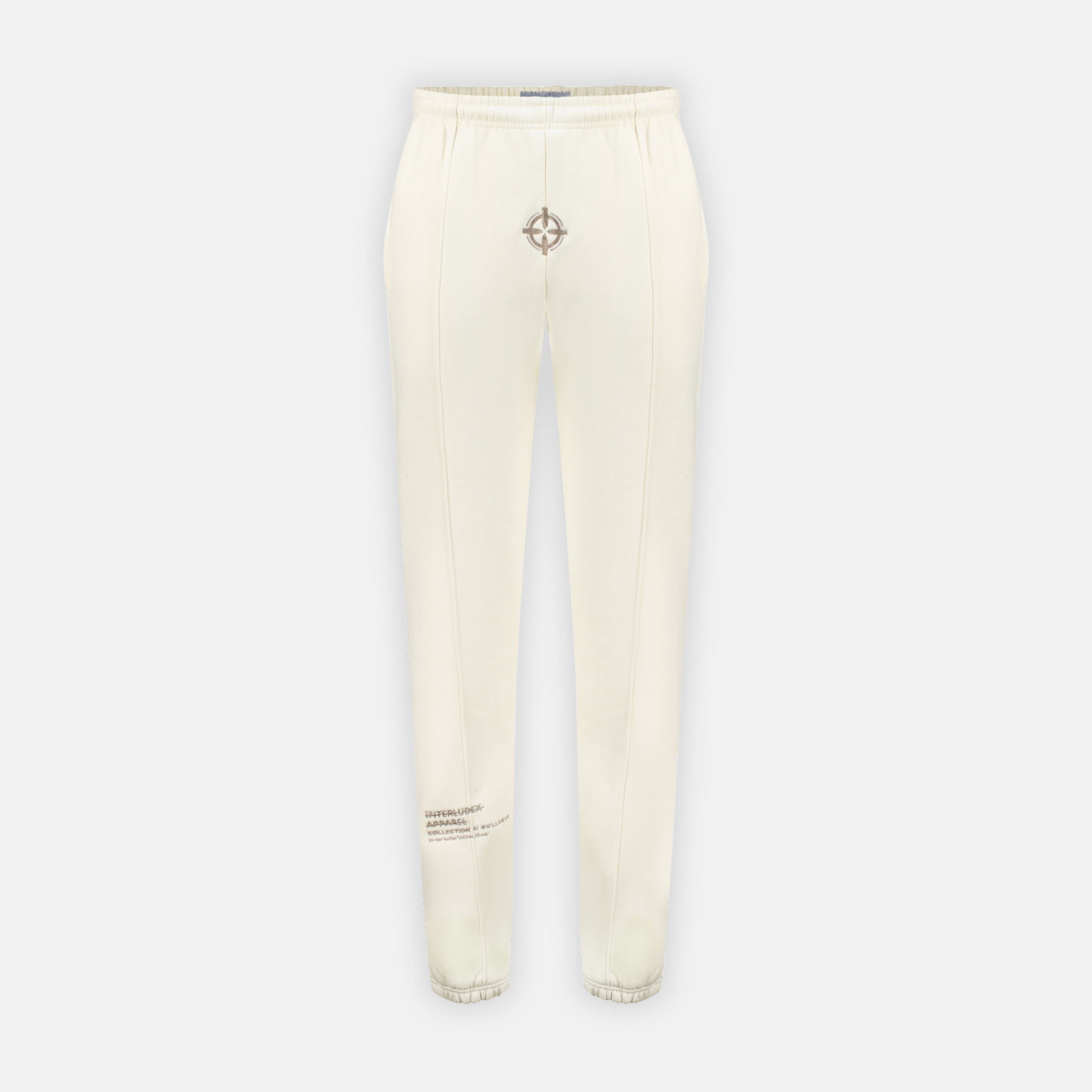 Bullseye Sweatpants in cream with a bullseye graphic on the front and text on the left leg