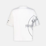 Back of a white TARGET T-shirt with a grey target graphic and black text on the left sleeve