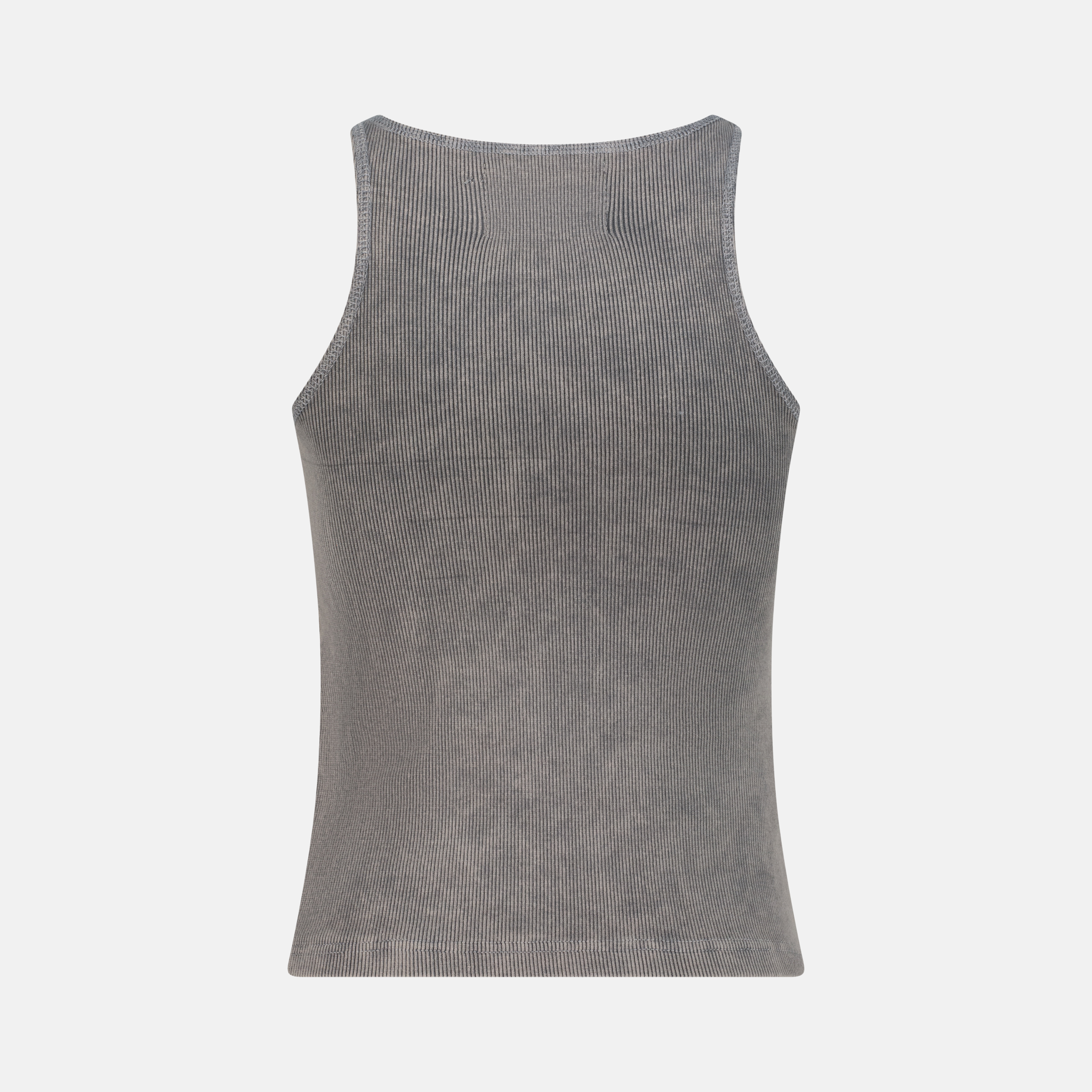 Back of an Embossed Logo Tank in Acid Grey, featuring a ribbed texture and a scoop neck