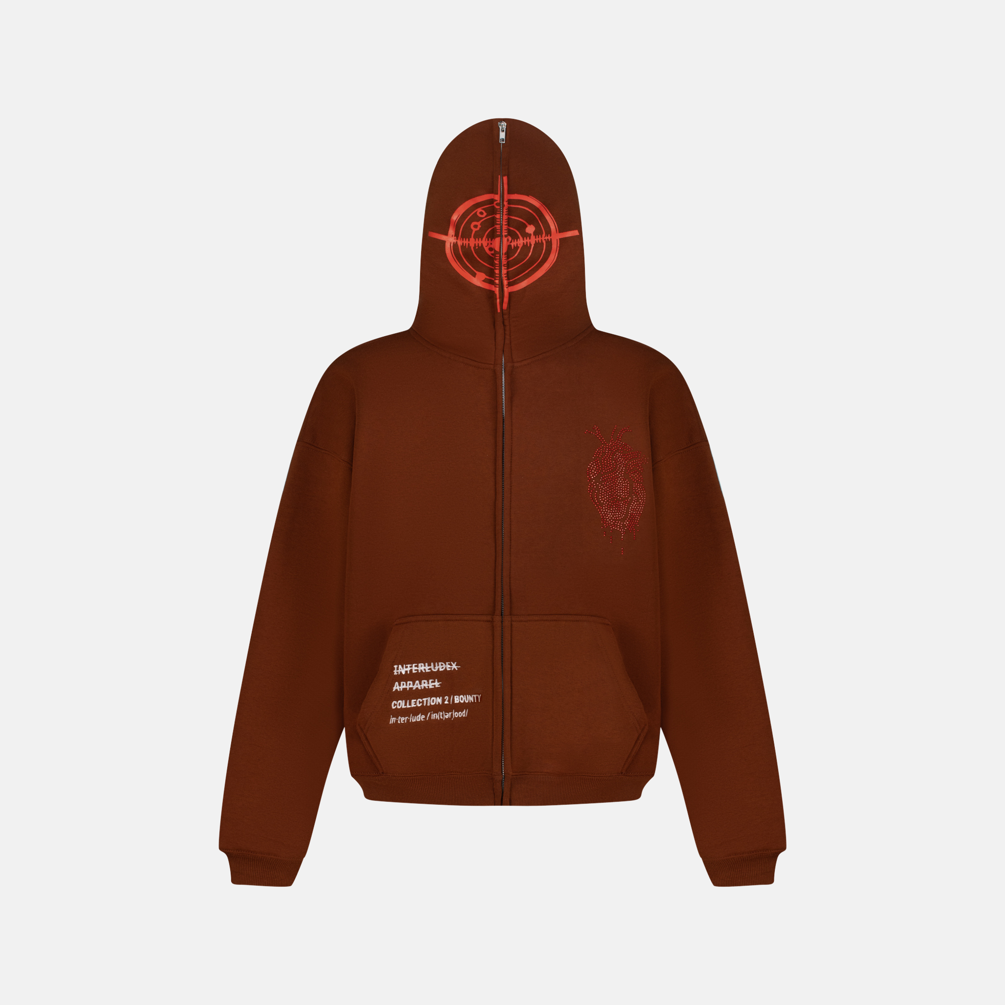 Coffee zip up hoodie with red target graphic on hood and red heart graphic on chest