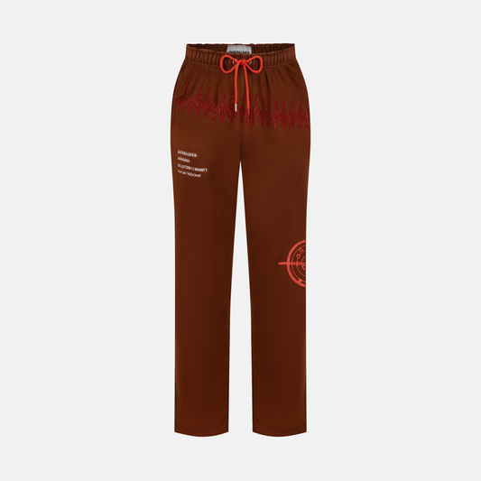 Coffee sweatpants with red drawstring and red graphic details