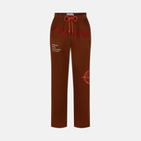 Coffee sweatpants with red drawstring and red graphic details