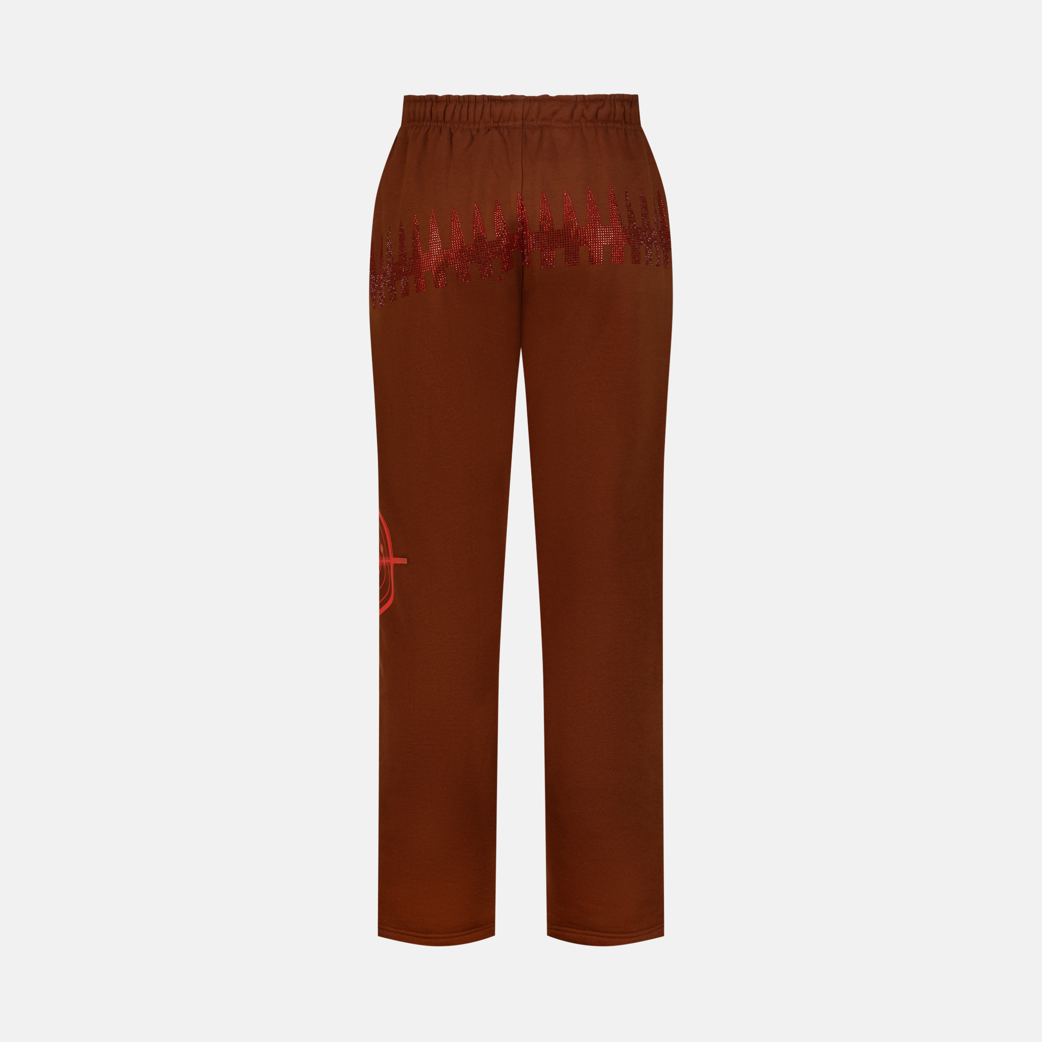 Coffee Sweatpants, back view, with red studded design across the back and a red logo on the left leg