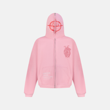 VALENTINE ZIP UP HOODIE in light pink with a red target graphic on the hood and a red heart graphic on the chest