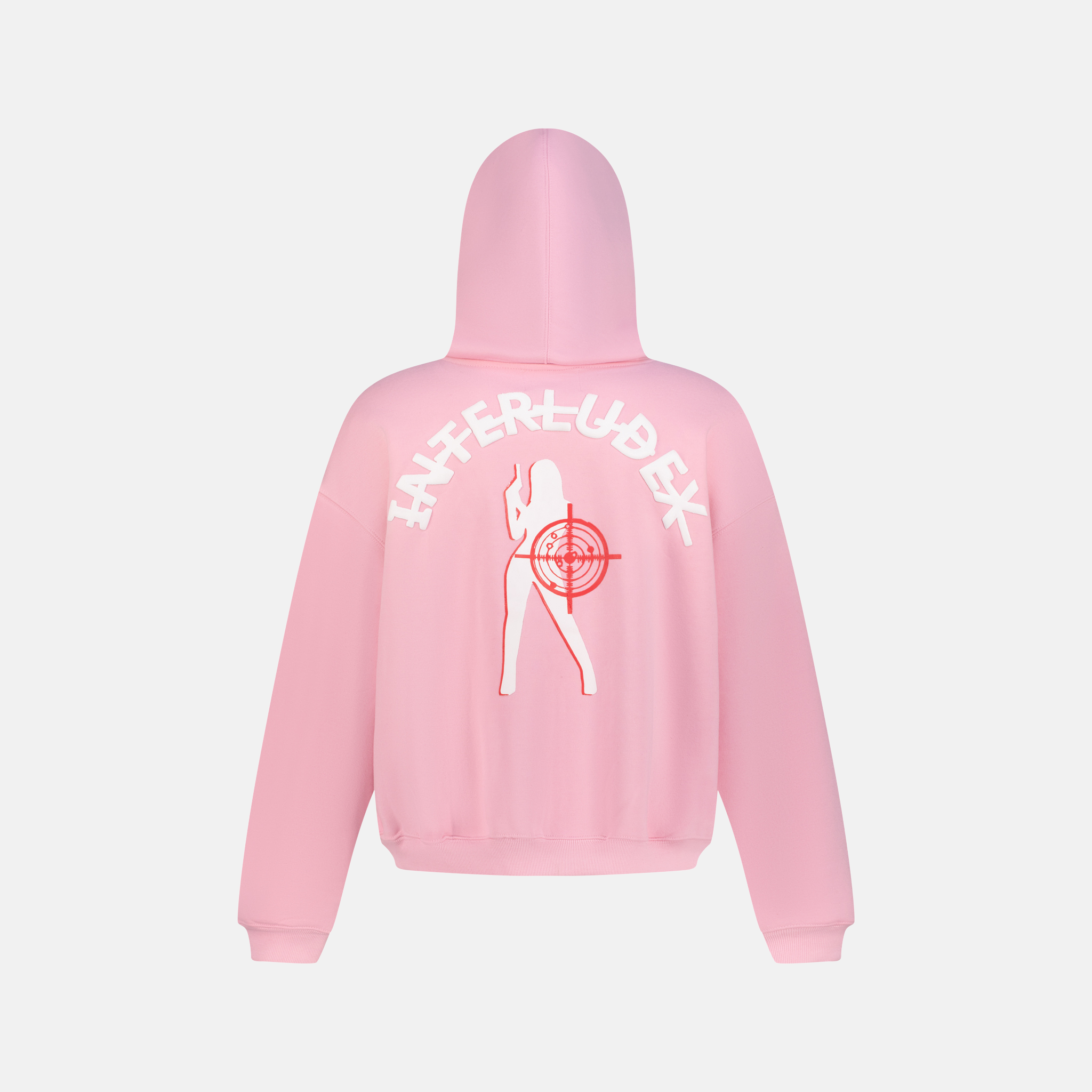VALENTINE ZIP UP HOODIE in pink with a graphic of a woman and the word INTERLUDE