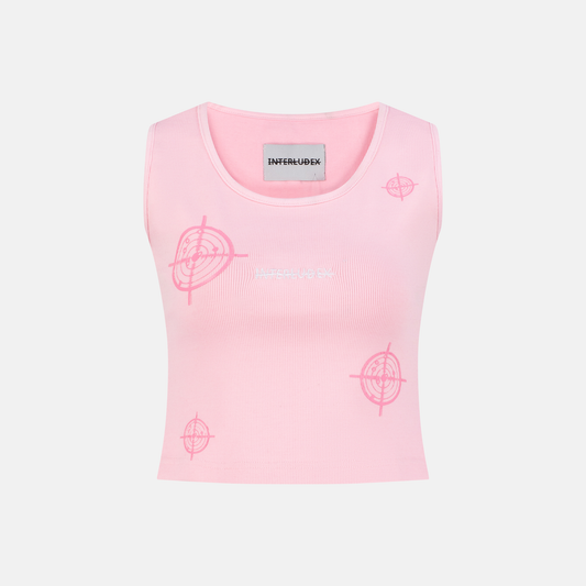 Pink Rib Tank Top with target graphics and Interludex logo