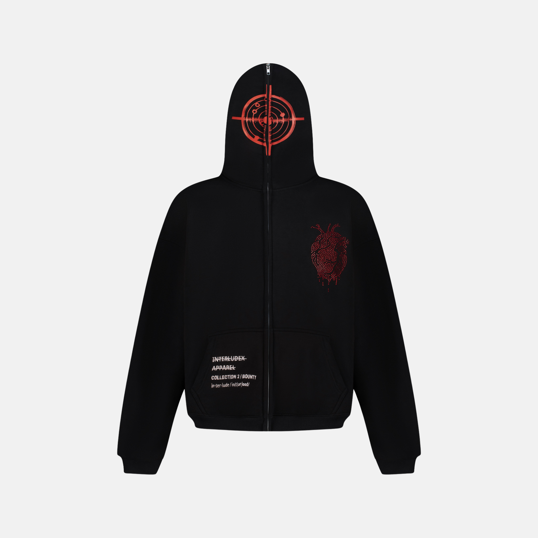 Charcoal zip up hoodie with red target graphic on hood and red heart graphic on chest
