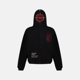 Charcoal zip up hoodie with red target graphic on hood and red heart graphic on chest