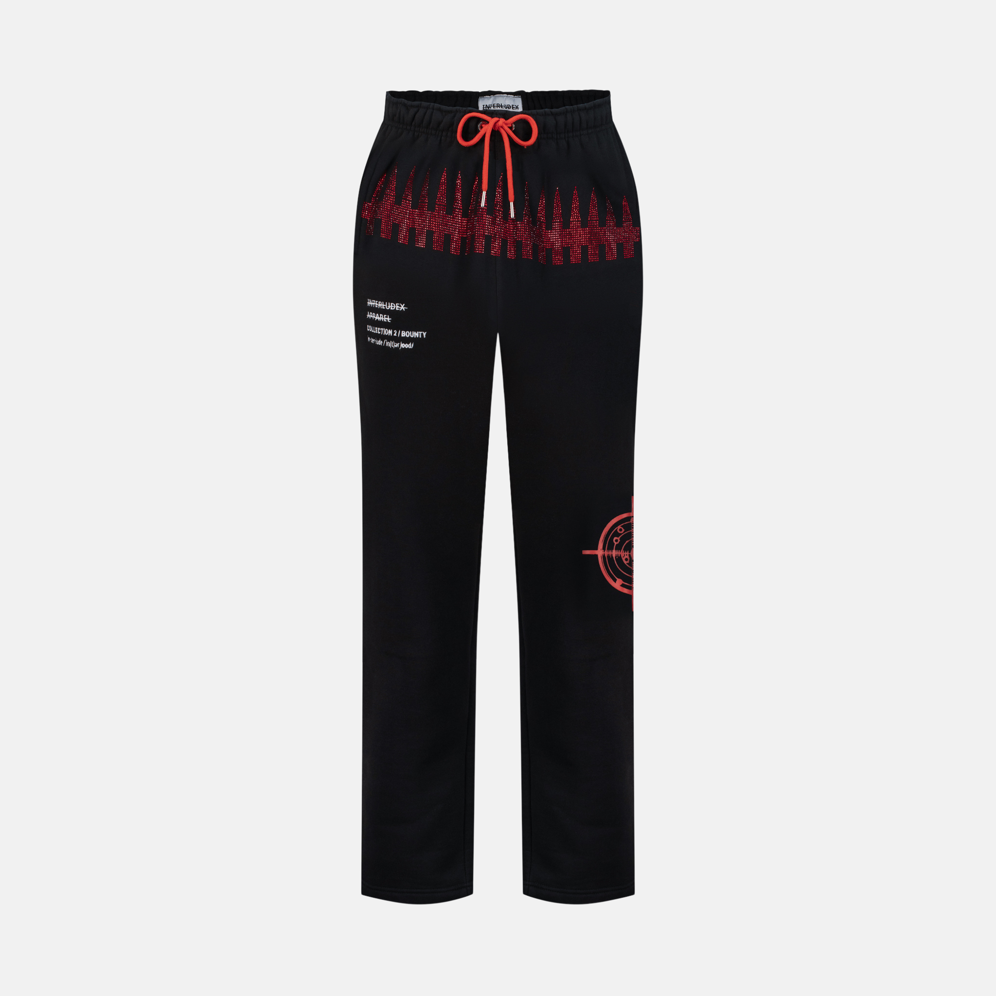 Charcoal sweatpants with red drawstring and red graphic print