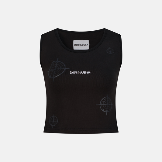 Charcoal Rib Tank Top with Interludex logo and target graphics