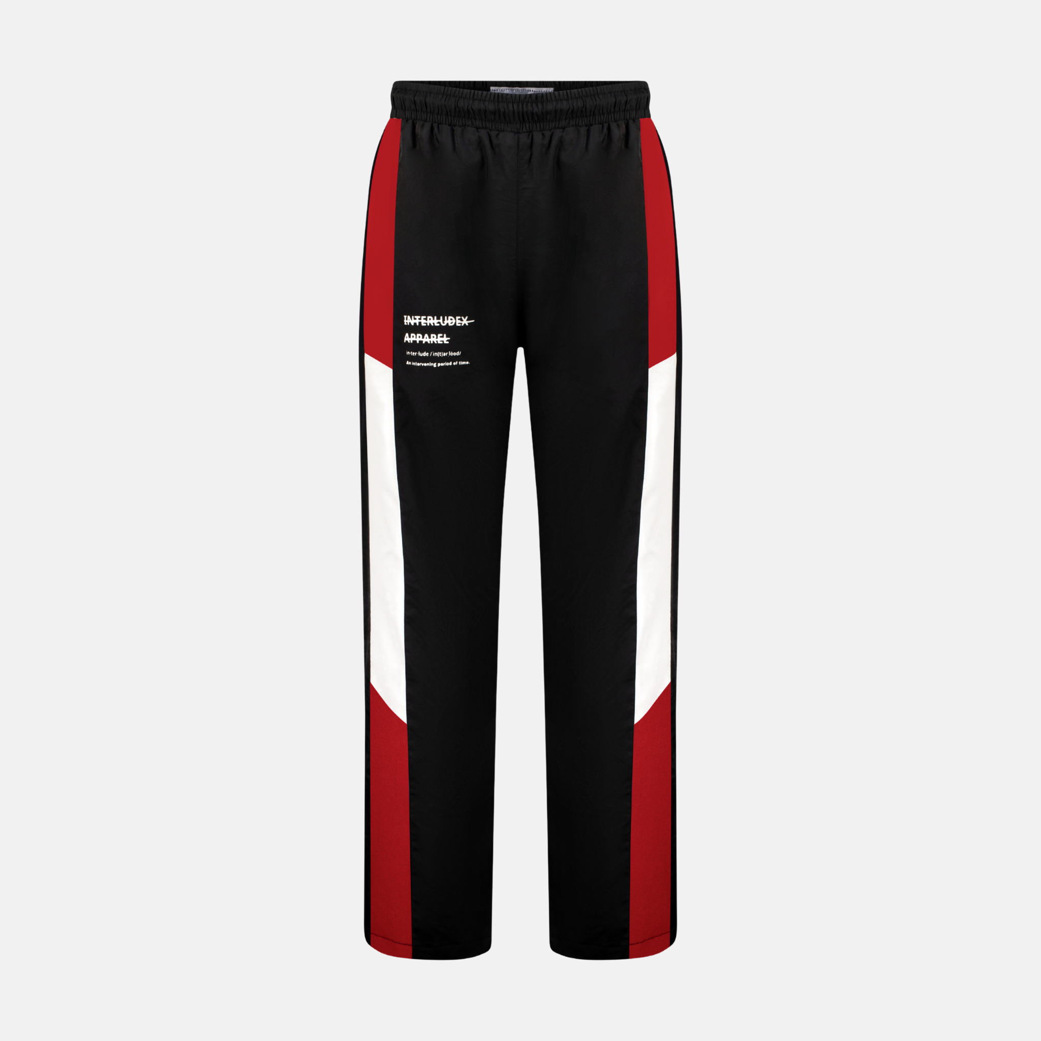 Windbreaker Pants in red, black, and white with INTERLUDEX APPAREL logo