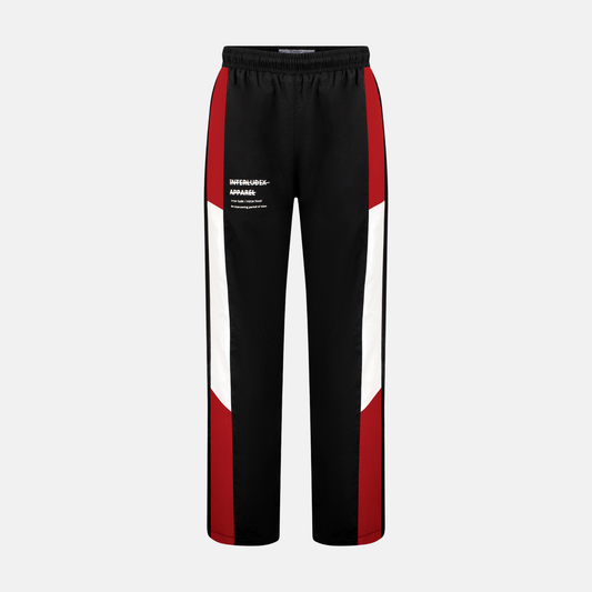Windbreaker Pants in red, black, and white with INTERLUDEX APPAREL logo
