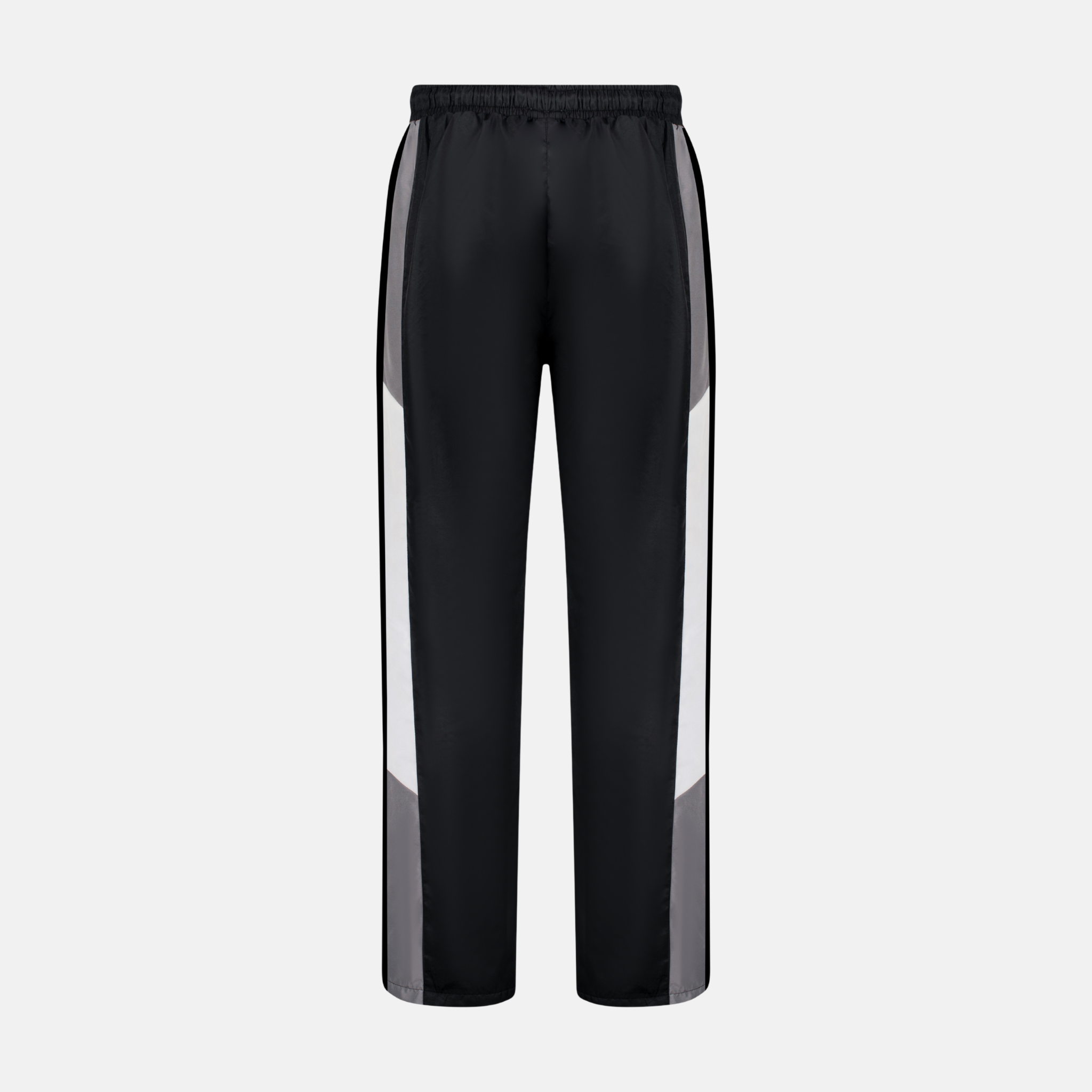Windbreaker Pants in grey, black, and white with elastic waistband