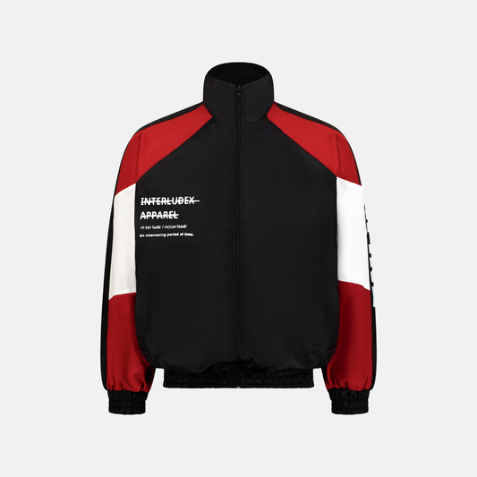 Red Windbreaker Jacket with black and white accents and Interludex Apparel logo