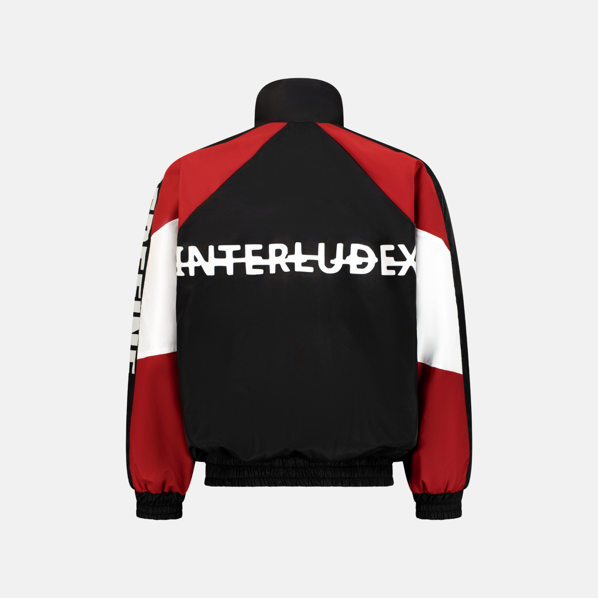 Red Windbreaker Jacket with black and white accents and INTERLUDE X logo on the back