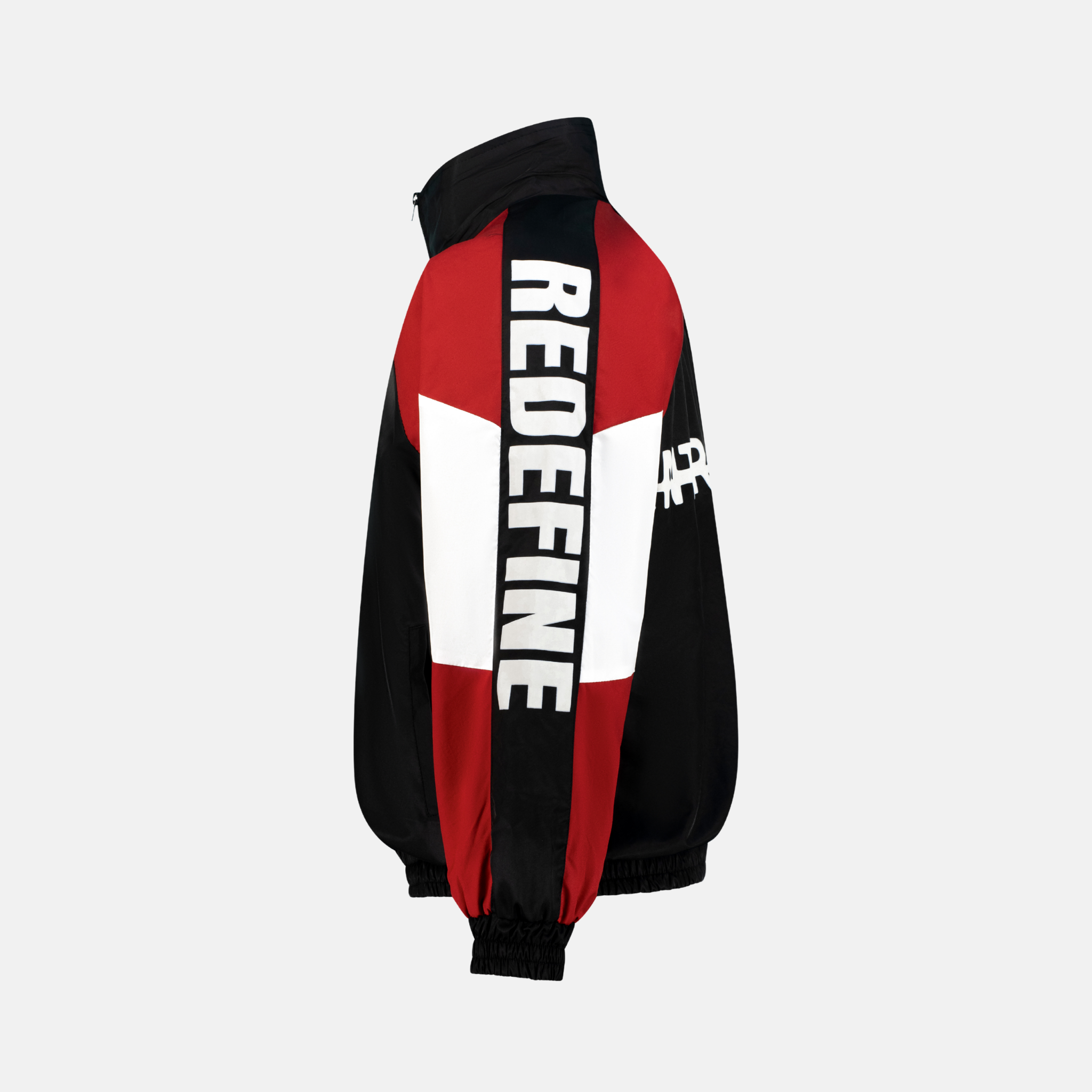 Red Windbreaker Jacket with black and white panels and Redefine text