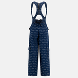 INTERLUDEX FREEFORM DENIM - BLUE, back view. Blue denim overalls with white INTERLUDEX logo pattern