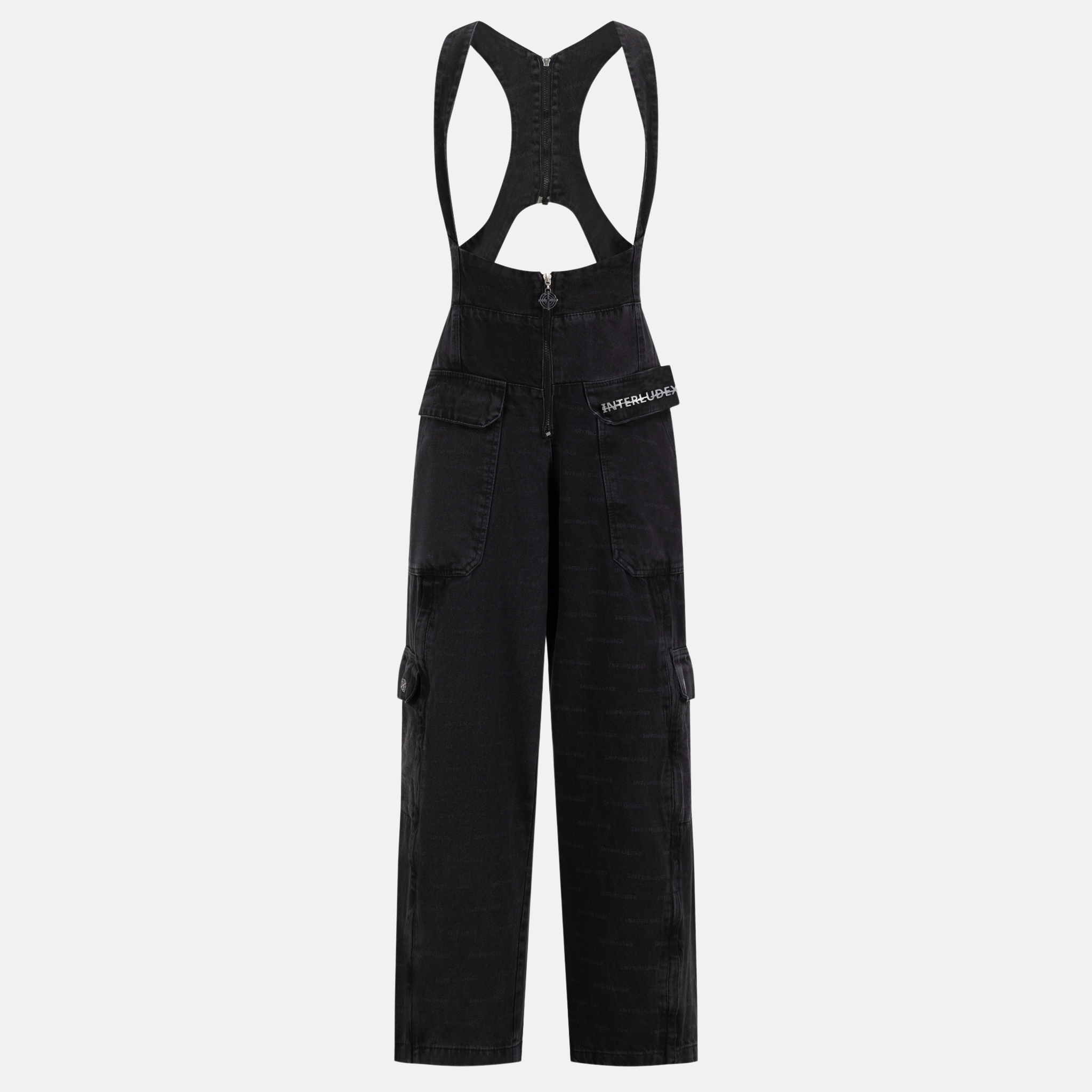 INTERLUDEX FREEFORM DENIM - BLACK overalls with racerback straps and cargo pockets