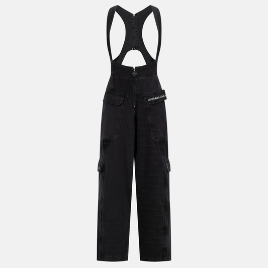 INTERLUDEX FREEFORM DENIM - BLACK overalls with racerback straps and cargo pockets