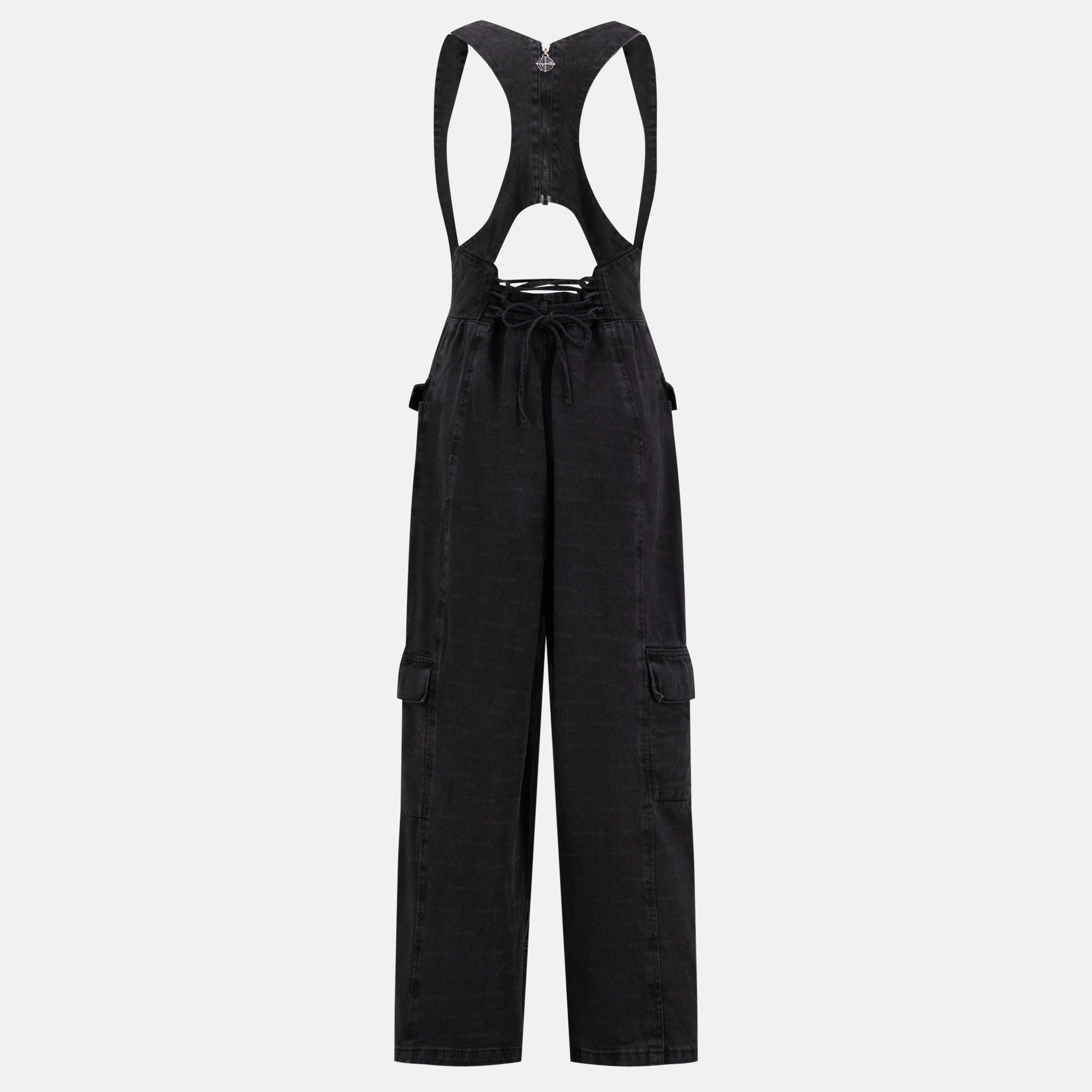 Back view of INTERLUDEX FREEFORM DENIM - BLACK, featuring a zipper and lace-up detail