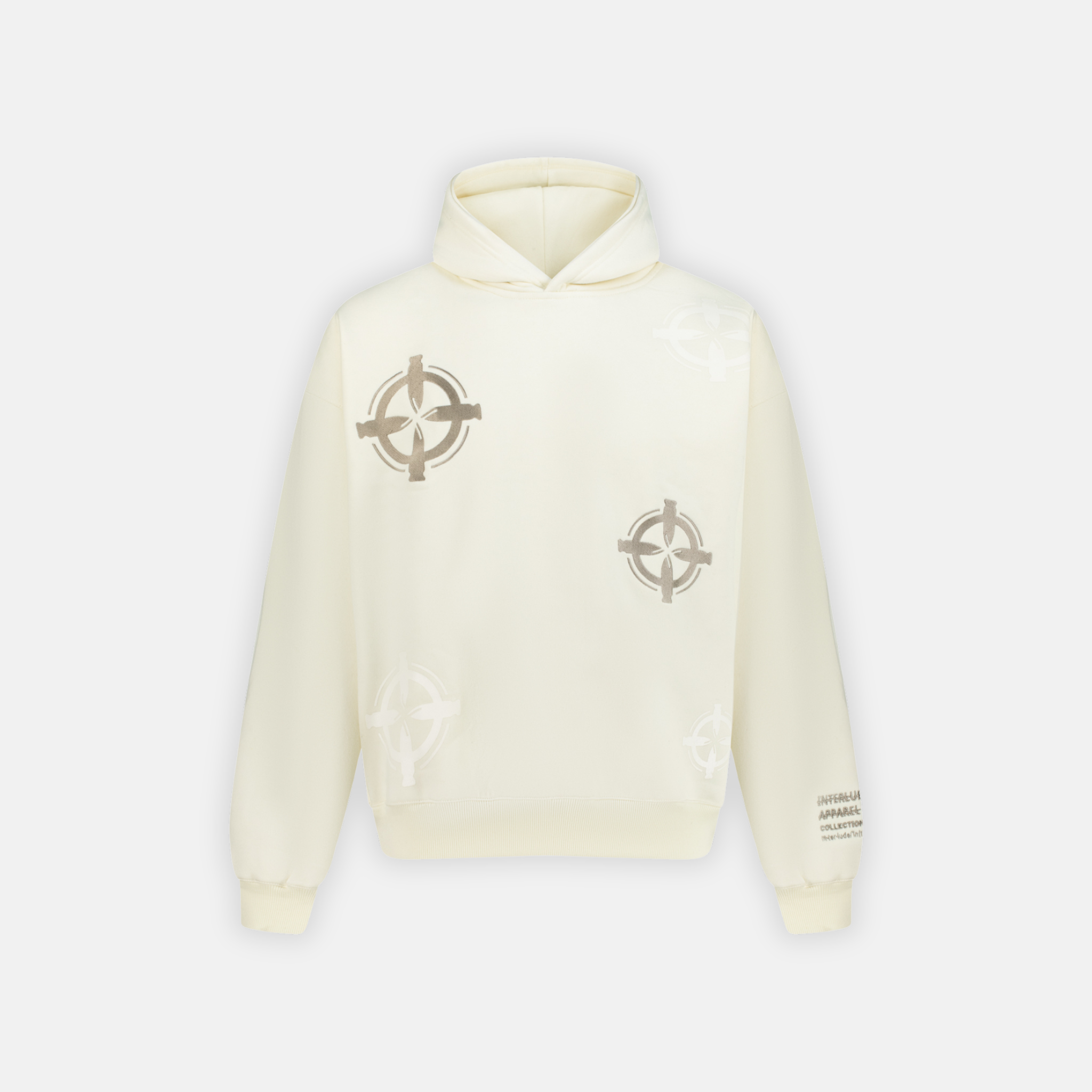 Bullseye Hoodie in cream with a bullseye graphic on the front