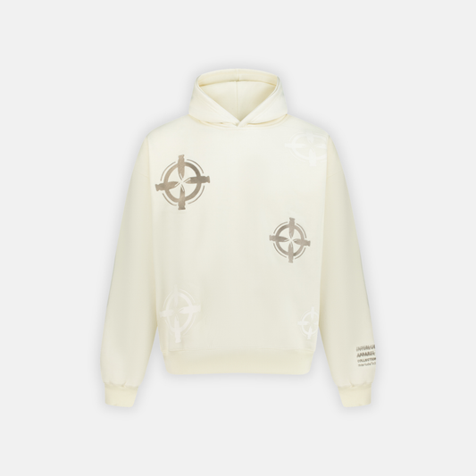 Bullseye Hoodie in cream with a bullseye graphic on the front