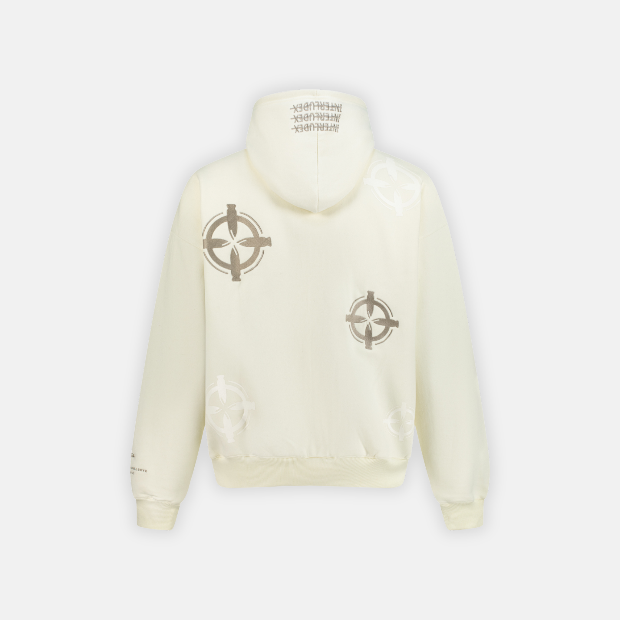 Bullseye Hoodie in cream with a repeating bullseye graphic pattern and Interludex text on the hood