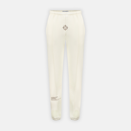 Bullseye Sweatpants in cream with a bullseye graphic on the front and text on the left leg