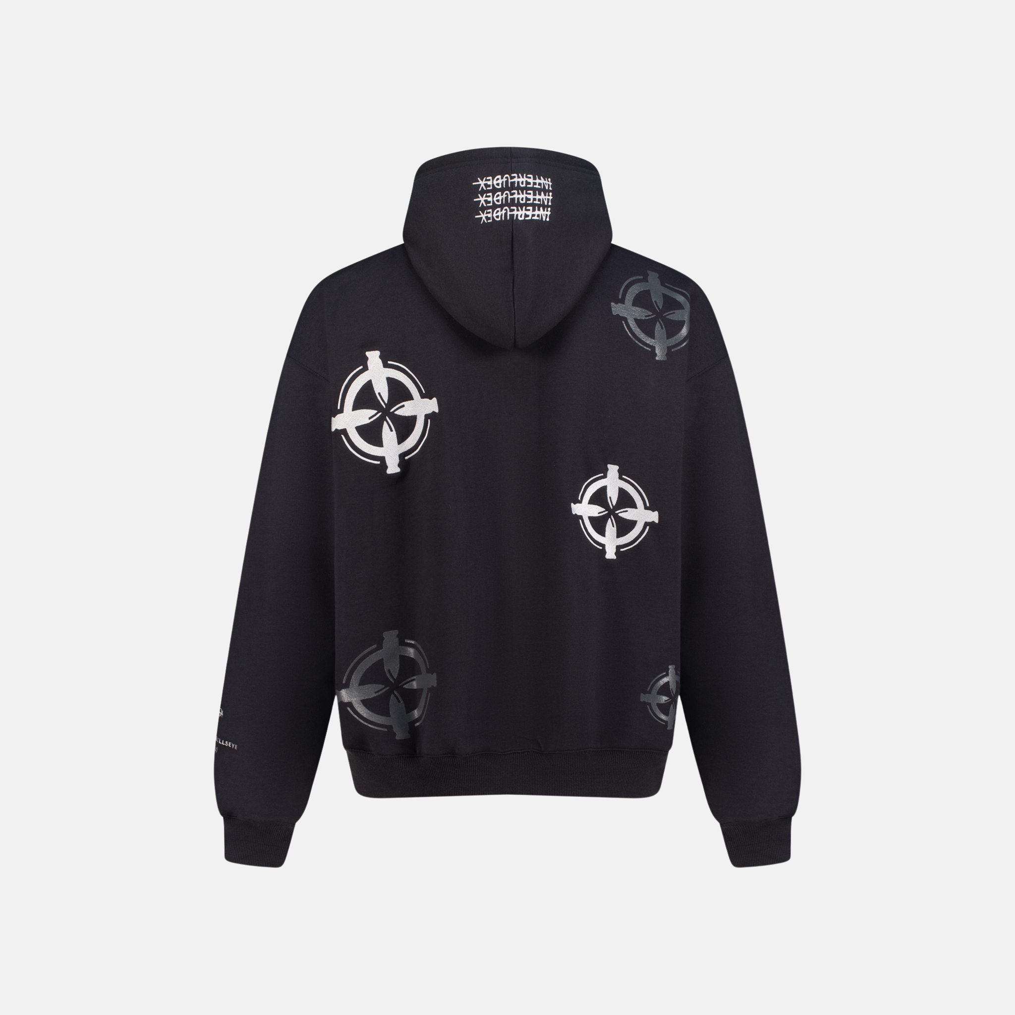 Bullseye Hoodie in charcoal grey, back view. White bullseye graphics and Interludex text on hood