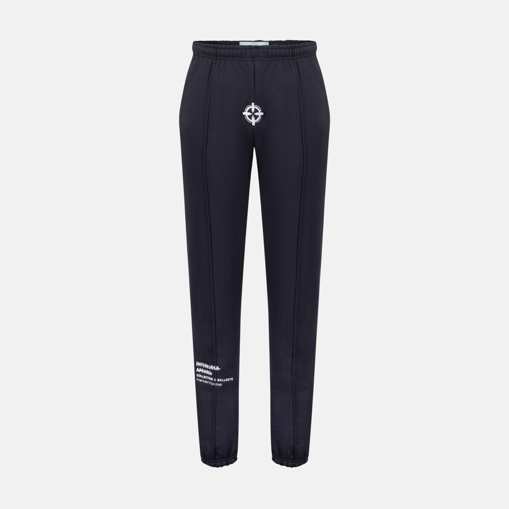 Bullseye Sweatpants in charcoal grey with white bullseye graphic and text on the left leg
