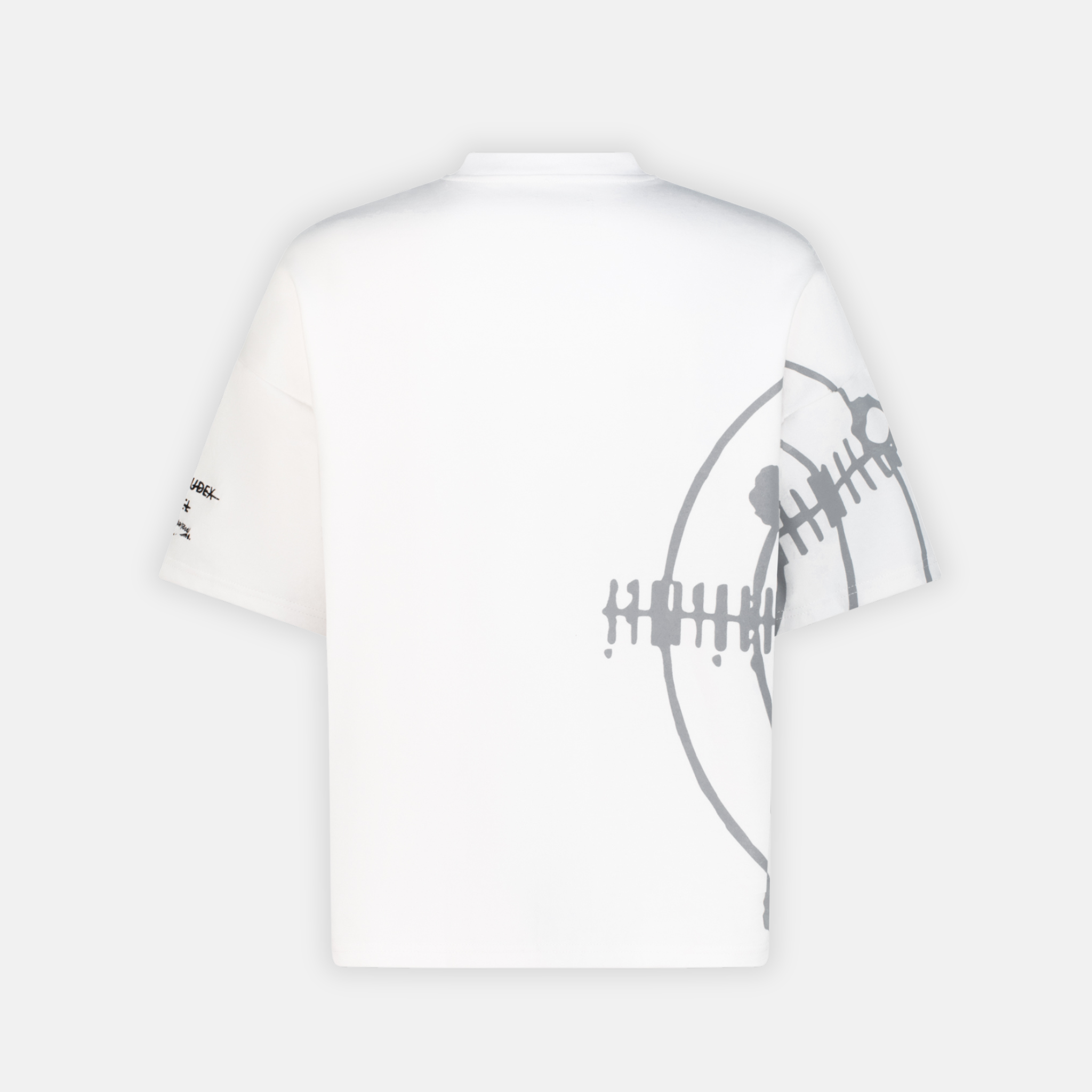 Back of a white TARGET T-shirt with a grey target graphic and black text on the left sleeve