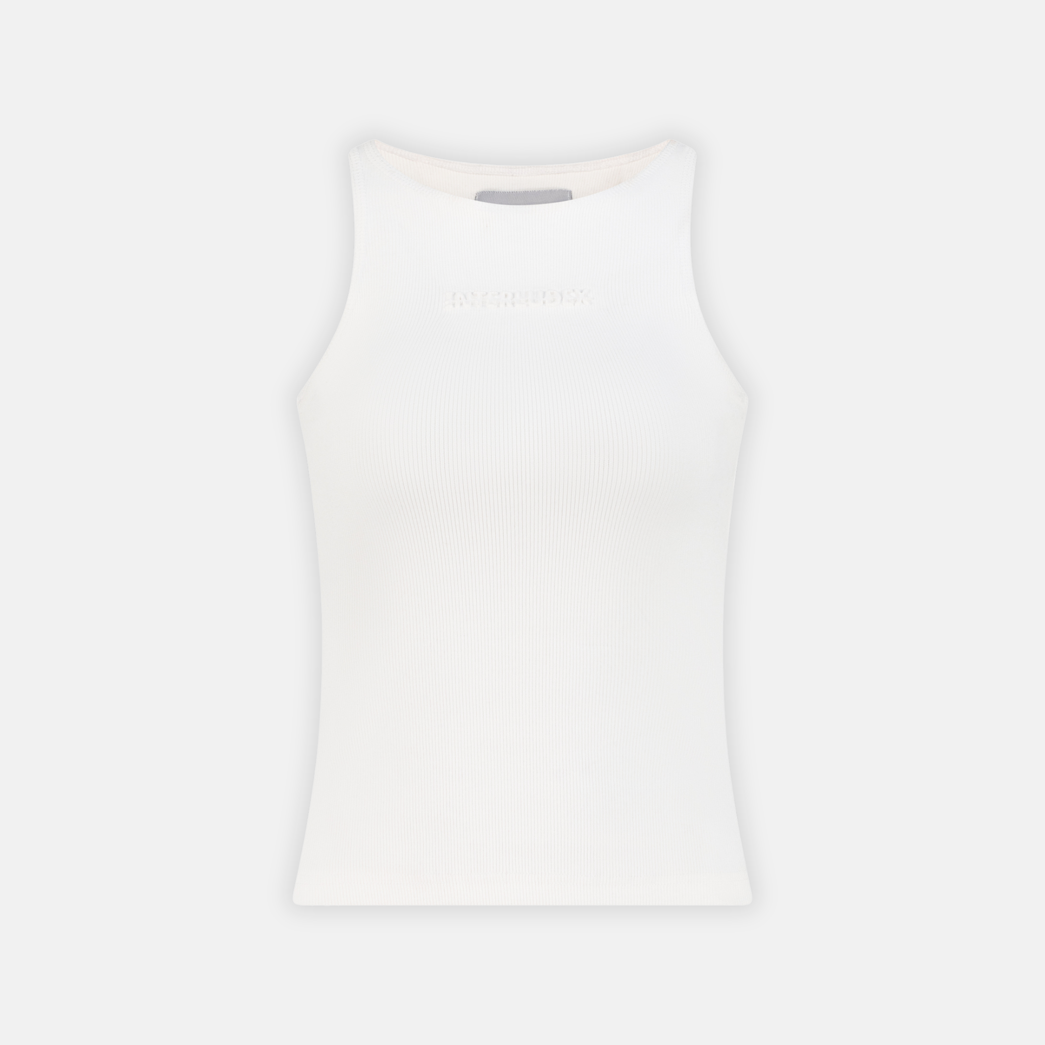 Embossed Logo Tank in Snow White, a ribbed white tank top with a subtle embossed logo on the chest