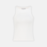 Embossed Logo Tank in Snow White, a ribbed white tank top with a subtle embossed logo on the chest