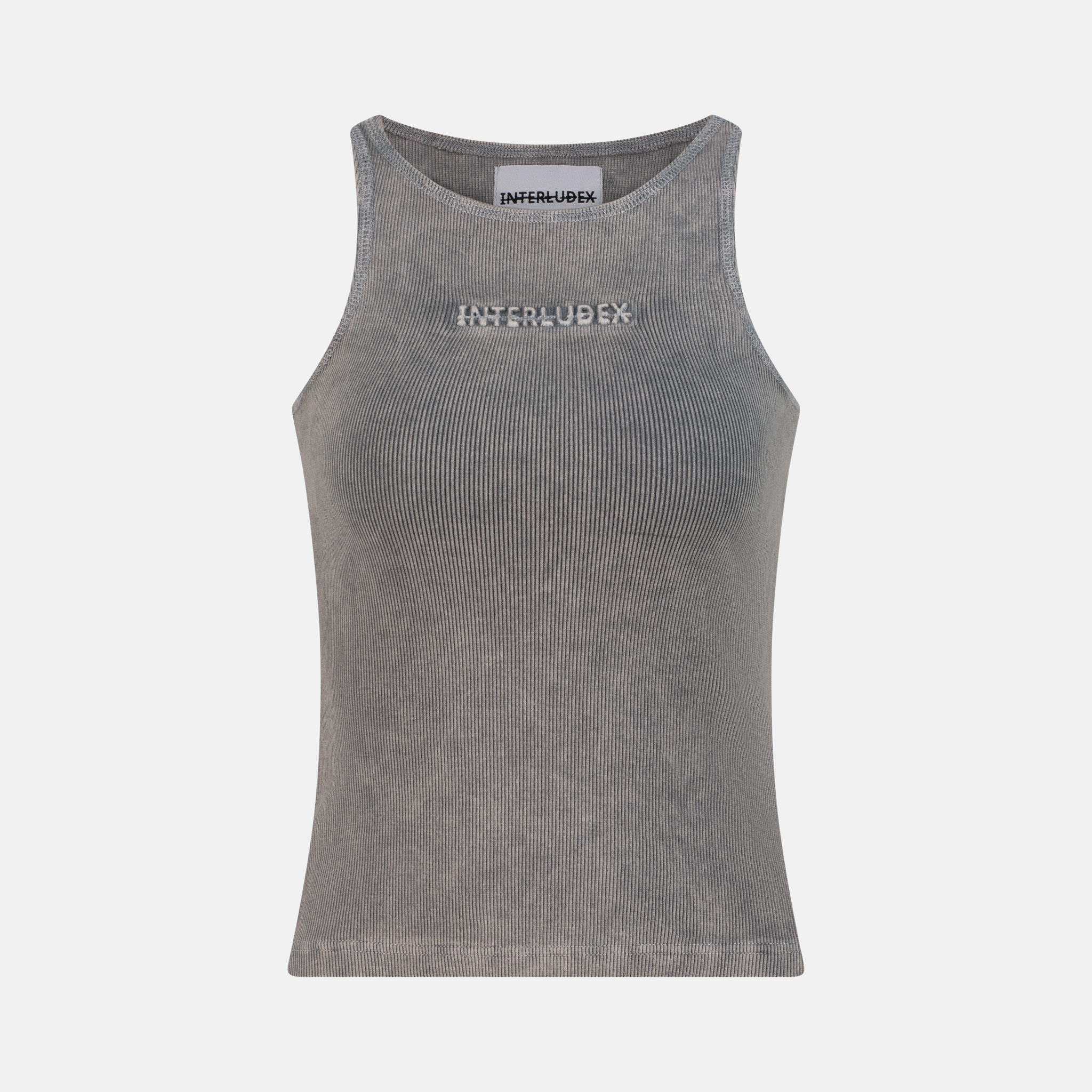 Embossed Logo Tank in Acid Grey with ribbed texture and INTERLUDEX logo