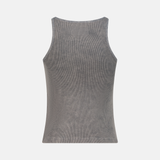 Back of an Embossed Logo Tank in Acid Grey, featuring a ribbed texture and a scoop neck