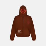 Coffee zip up hoodie with red target graphic on hood and red heart graphic on chest
