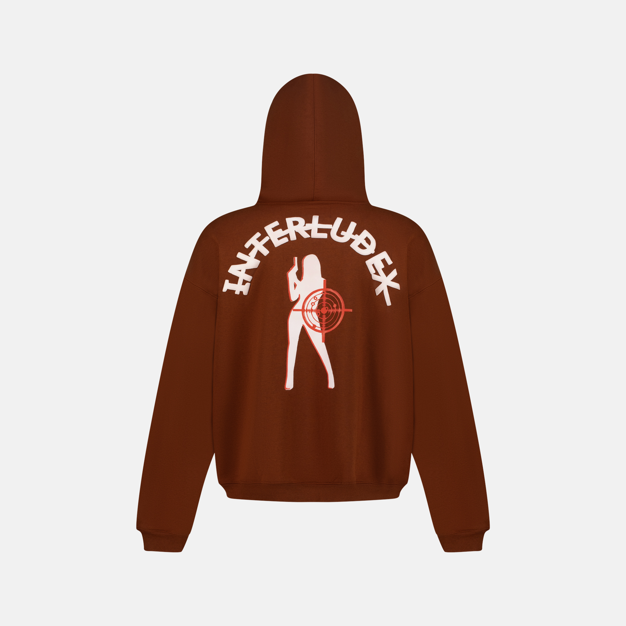 Coffee Zip Up Hoodie with white Interludex graphic and woman holding a gun with a target