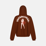 Coffee Zip Up Hoodie with white Interludex graphic and woman holding a gun with a target