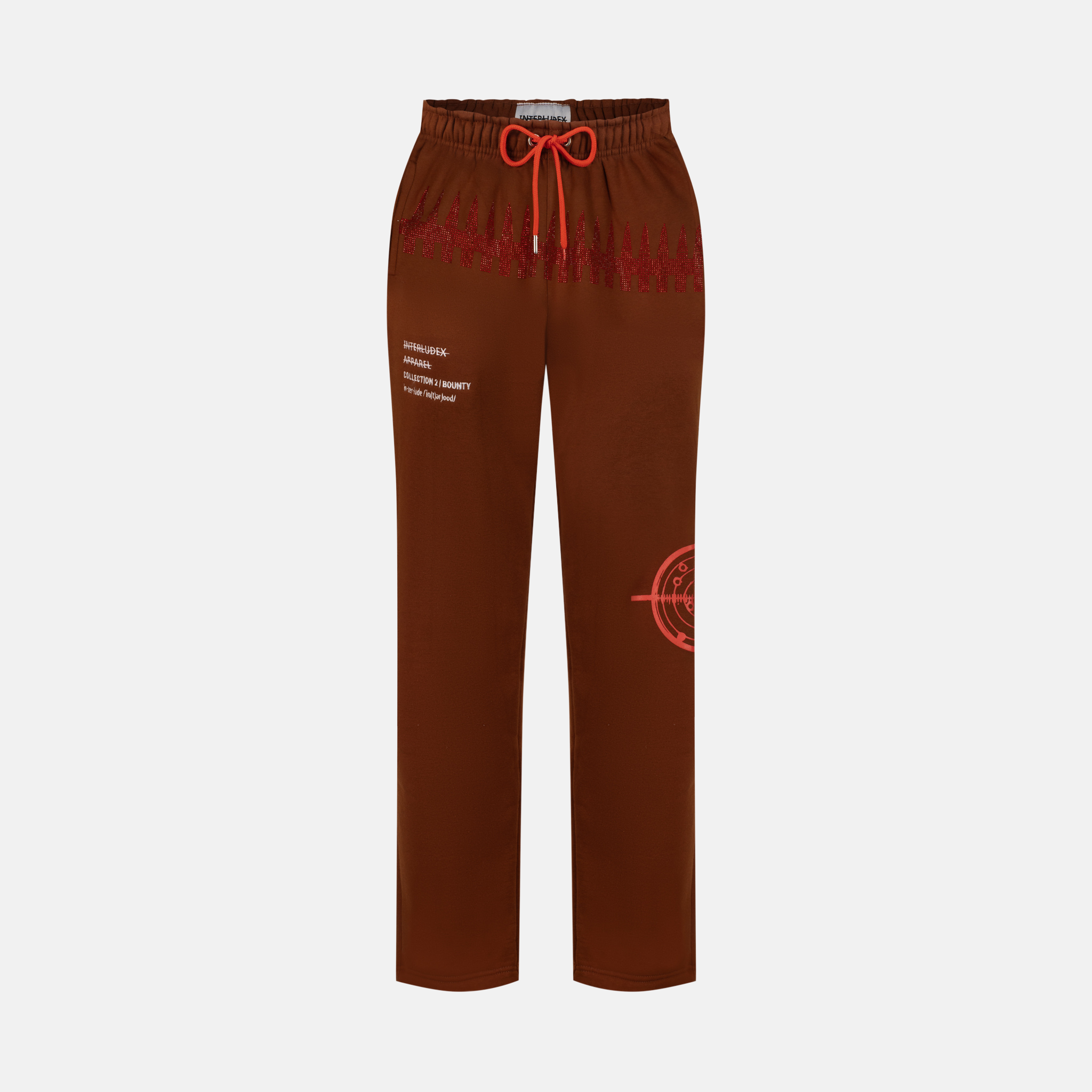 Coffee sweatpants with red drawstring and red graphic details