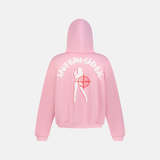 VALENTINE ZIP UP HOODIE in pink with a graphic of a woman and the word INTERLUDE