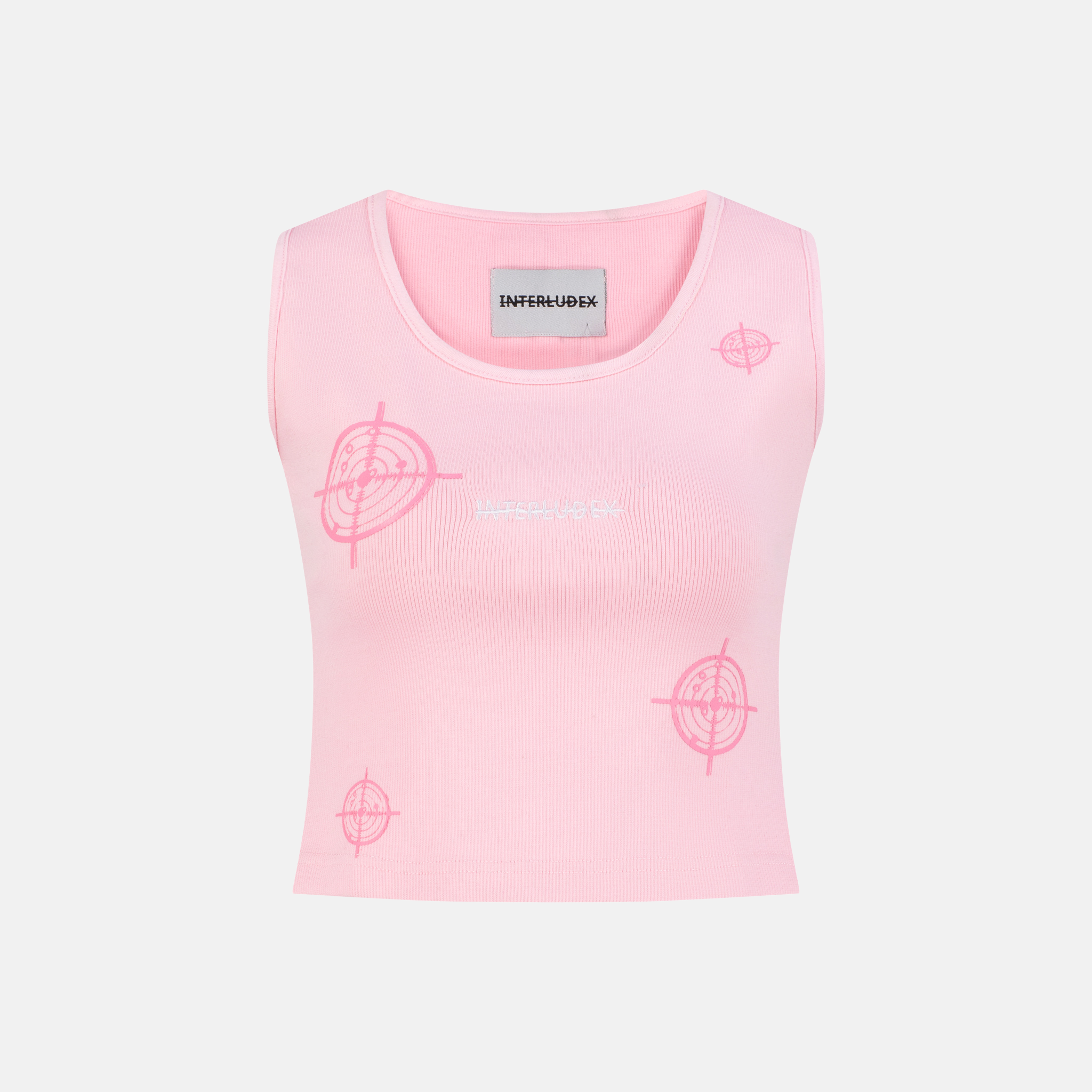 Pink Rib Tank Top with target graphics and Interludex logo