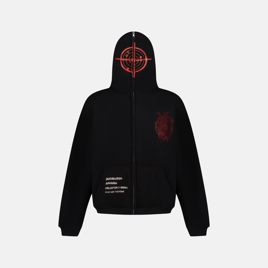 Charcoal zip up hoodie with red target graphic on hood and red heart graphic on chest