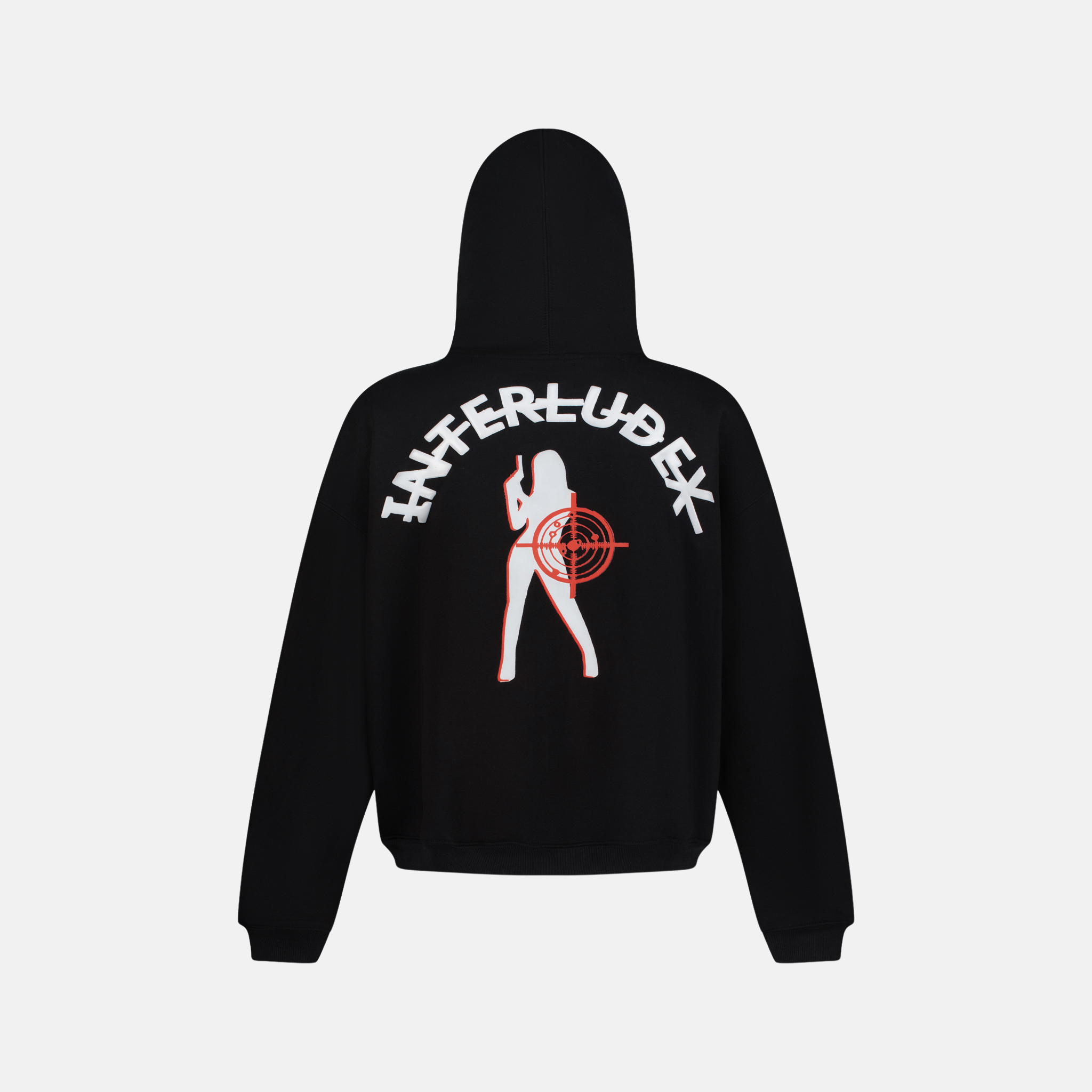 Back of a black CHARCOAL ZIP UP HOODIE with a white graphic of a woman holding a gun and a red target